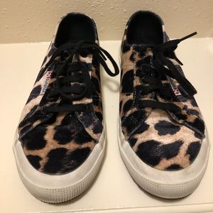 Superga, size 7.5W, cheetah print, velvet material.